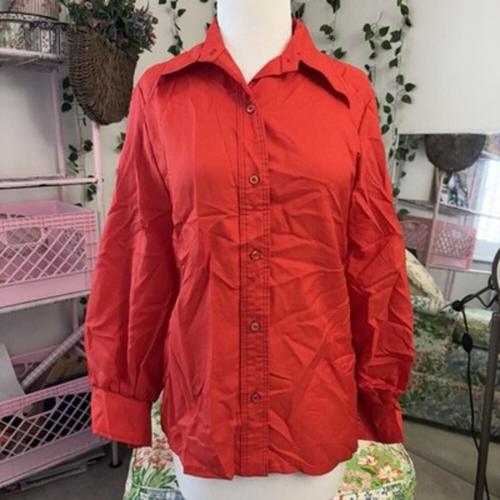 Vintage Lady Manhattan Red Button Front Blouse | Size 14 Long Sleeve Classic Top
